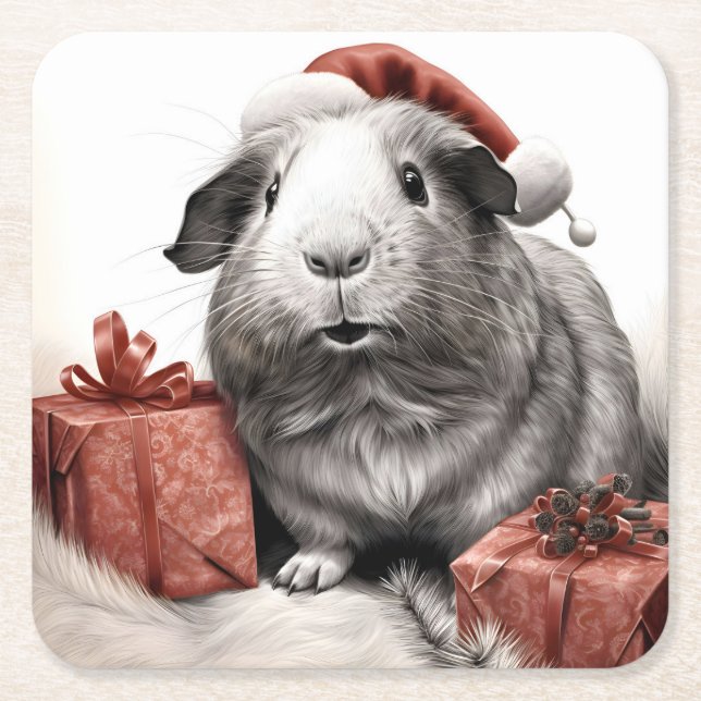 Posavasos Cuadrado De Papel Navidades de cerdo de Santa Guinea (Anverso)