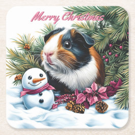 Posavasos Cuadrado De Papel Navidades de cerdo y snowman de Guinea