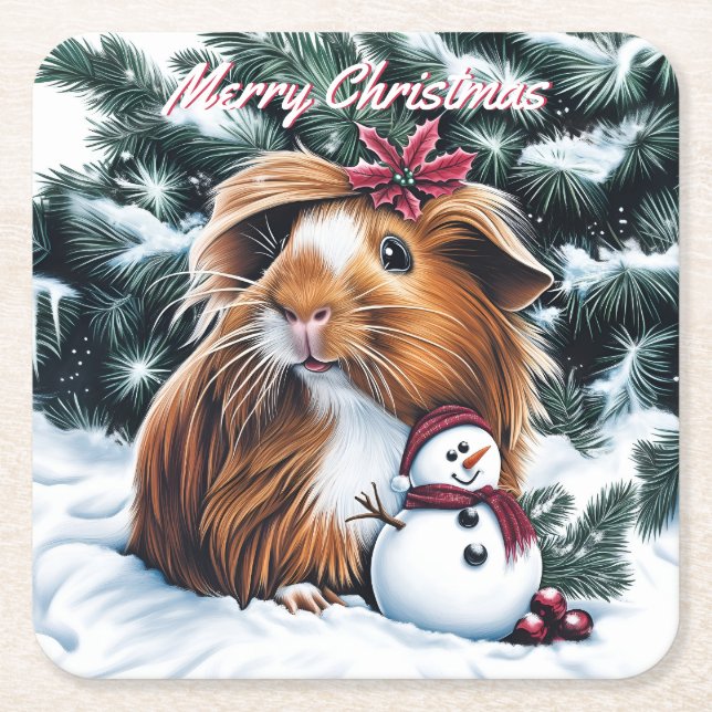 Posavasos Cuadrado De Papel Navidades de cerdo y snowman de Guinea (Anverso)