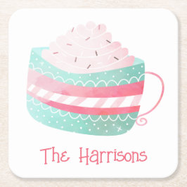 Posavasos Cuadrado De Papel Navidades de chocolate caliente de color acuático 