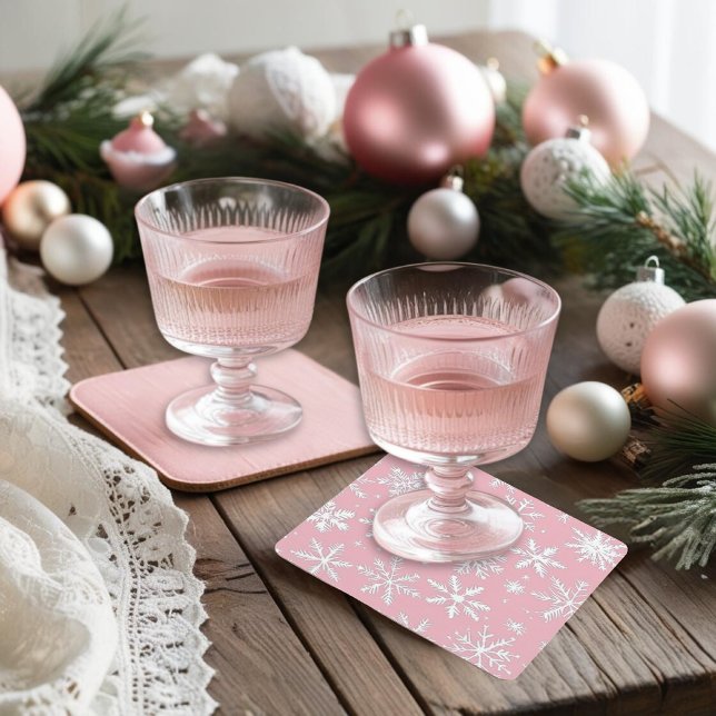 Posavasos Cuadrado De Papel Navidades de copos de nieve rosados antiguos y mod (Vintage and Modern Pink Snowflakes Christmas Square Paper Coaster)