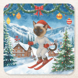 Posavasos Cuadrado De Papel Navidades de esquí para gatos de Santa Siamese que