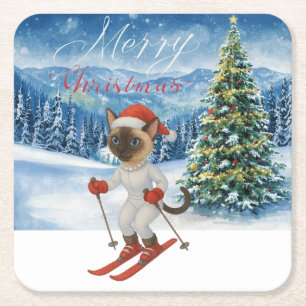 Posavasos Cuadrado De Papel Navidades de esquí para gatos de Santa Siamese que
