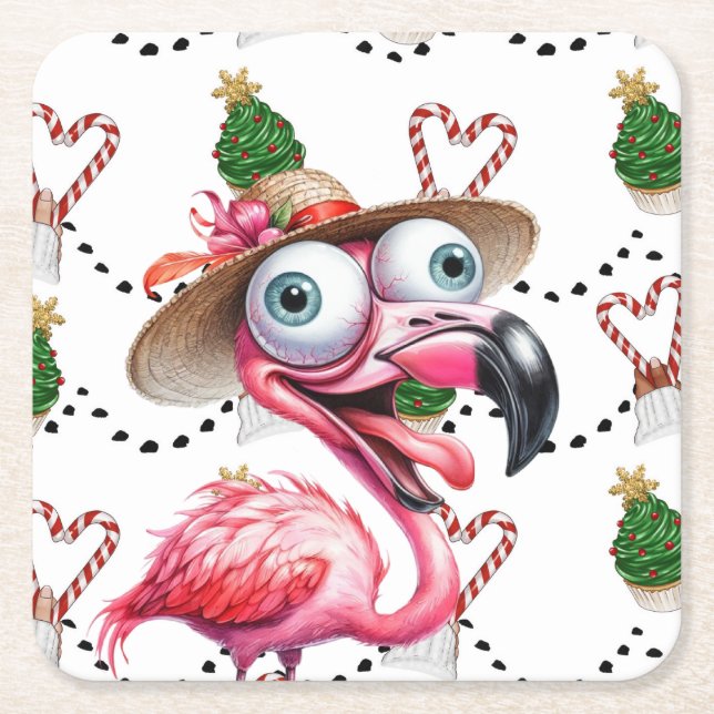 Posavasos Cuadrado De Papel Navidades de Flamingo Tema (Anverso)