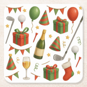 Posavasos Cuadrado De Papel Navidades de golf con tema fiesta para champán de 