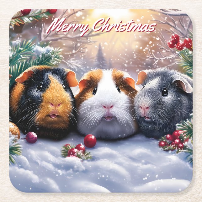 Posavasos Cuadrado De Papel Navidades de Guinea Pigs Winter Wonderland (Anverso)