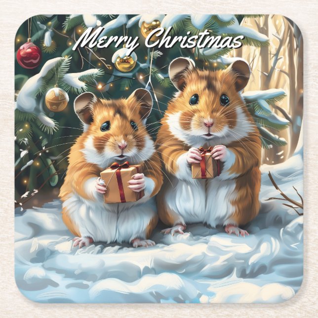 Posavasos Cuadrado De Papel Navidades De Hamsters Con Regalos (Anverso)