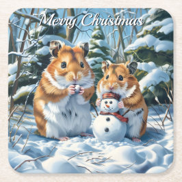 Posavasos Cuadrado De Papel Navidades de Hamsters y Snowman