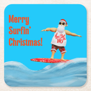 Posavasos Cuadrado De Papel Navidades de Merry Surfin Santa en Surfboard Throw