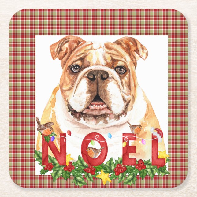 Posavasos Cuadrado De Papel Navidades de noel de Bulldog de acuarela (Anverso)
