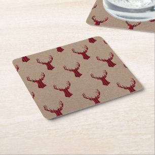 Posavasos Cuadrado De Papel Navidades de Rustic Deer Kraft Plaid