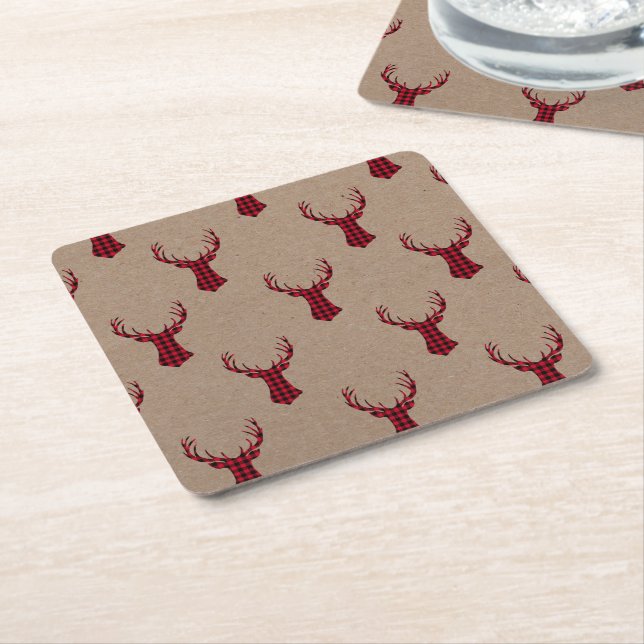 Posavasos Cuadrado De Papel Navidades de Rustic Deer Kraft Plaid (En perspectiva)