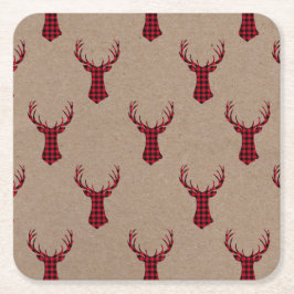 Posavasos Cuadrado De Papel Navidades de Rustic Deer Kraft Plaid