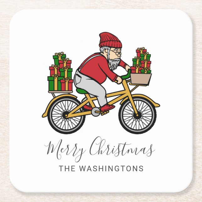 Posavasos Cuadrado De Papel Navidades de Santa Ciclistas (Anverso)