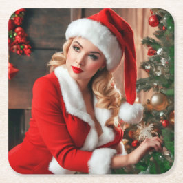 Posavasos Cuadrado De Papel Navidades de Santa Claus Pinup Lady