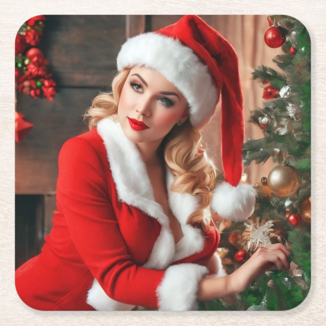 Posavasos Cuadrado De Papel Navidades de Santa Claus Pinup Lady (Anverso)
