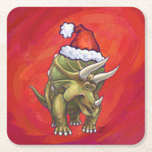 Posavasos Cuadrado De Papel Navidades De Triceratops En Rojo