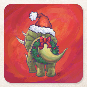 Posavasos Cuadrado De Papel Navidades De Triceratops En Rojo