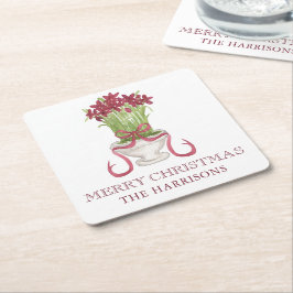 Posavasos Cuadrado De Papel Navidades de Watercolor Burgundy Amaryllis