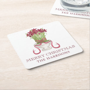 Posavasos Cuadrado De Papel Navidades de Watercolor Burgundy Amaryllis