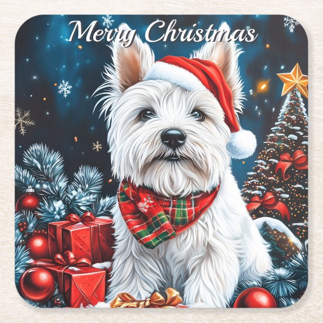 Posavasos Cuadrado De Papel Navidades de West Highland White Terrier (Anverso)