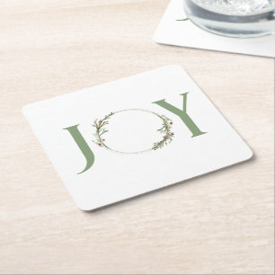 Posavasos Cuadrado De Papel Navidades de Wreath Joy de color verde minimalista