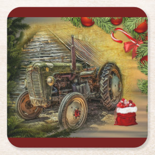 Posavasos Cuadrado De Papel Navidades del Green Tractor Barn Vintage