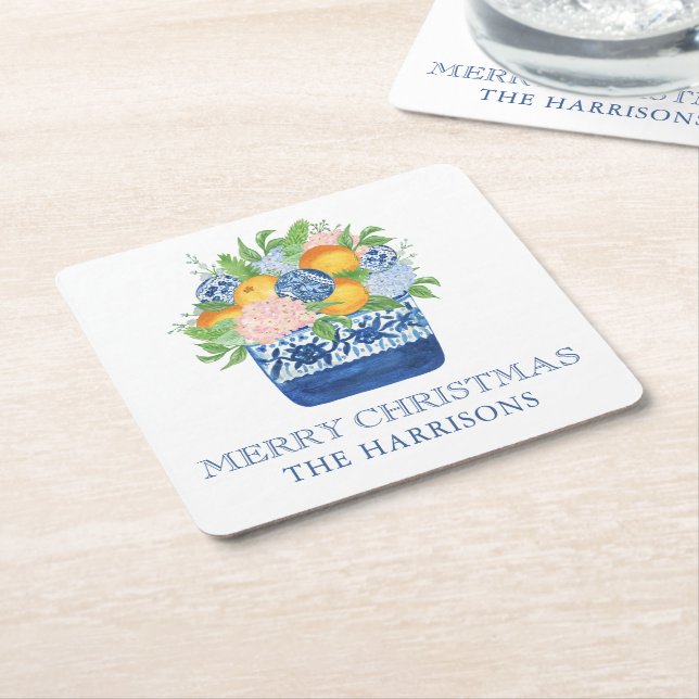 Posavasos Cuadrado De Papel Navidades del Watercolor Chinoiserie Mandarins (En perspectiva)