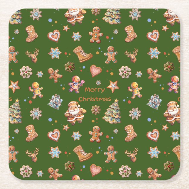 Posavasos Cuadrado De Papel Navidades Divertido Cute Gingerbread Green (Anverso)