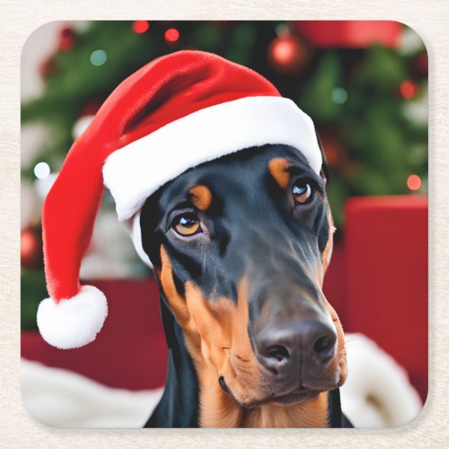 Posavasos Cuadrado De Papel Navidades Doberman (Anverso)