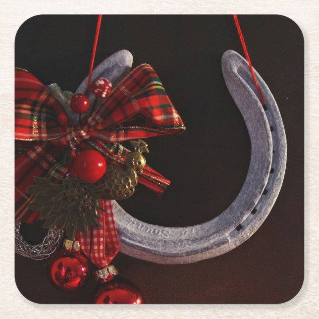 Posavasos Cuadrado De Papel Navidades ecuestres colgando foto de herradura (Anverso)