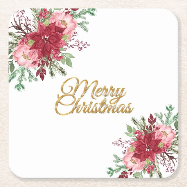 Posavasos Cuadrado De Papel Navidades elegantes tradicionales Poinsettia (Anverso)