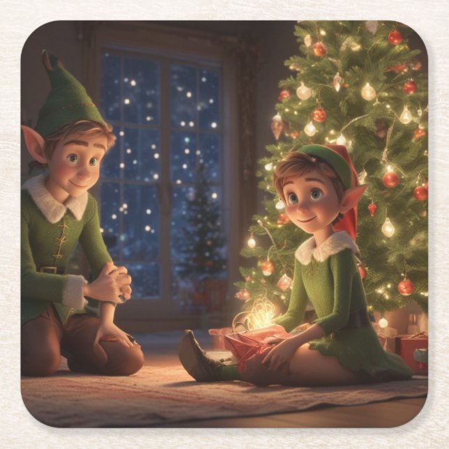 Posavasos Cuadrado De Papel Navidades Elves (Anverso)