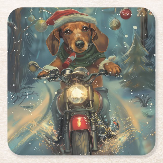 Posavasos Cuadrado De Papel Navidades en motocicleta de Dachshund (Anverso)
