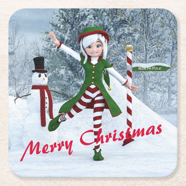 Posavasos Cuadrado De Papel Navidades en un bosque de invierno (Anverso)