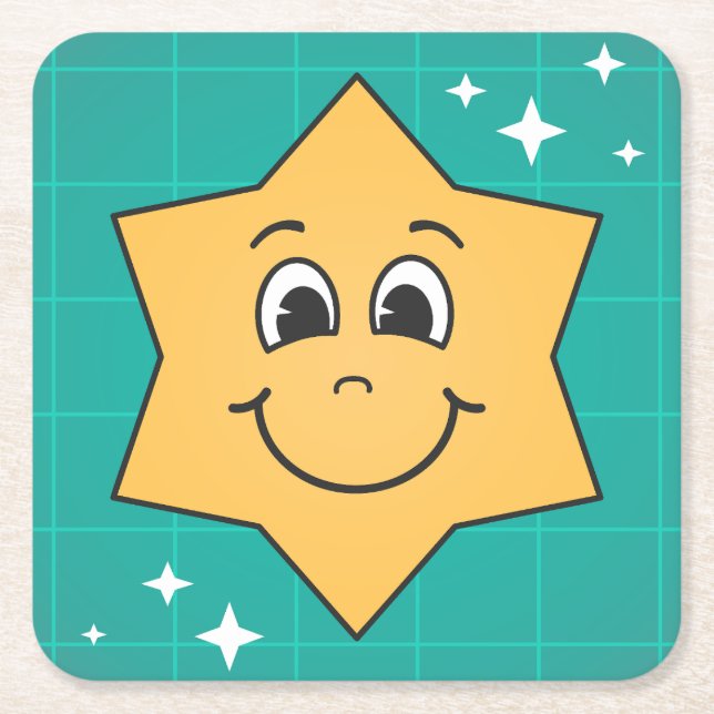 Posavasos Cuadrado De Papel Navidades estrella carita sonriente, feliz persona (Anverso)