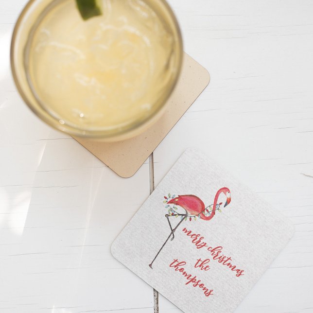 Posavasos Cuadrado De Papel Navidades Festividades Cute Flamingo (Simple minimalist elegant Christmas holiday Pink Flamingo paper party coaster. )