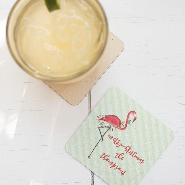 Posavasos Cuadrado De Papel Navidades Festividades Cute Flamingo (Pink flamingo Christmas holiday string light paper coaster)