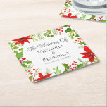 Posavasos Cuadrado De Papel Navidades festivos Boda Floral personalizada<br><div class="desc">Esta clásica tostadora de papel boda de Navidades rojos y verdes presenta flores tradicionales de poinsettia,  bayas y vegetación que crean un hermoso borde botánico. Decoración festiva y luminosa para un boda de vacaciones con un guión elegante.</div>