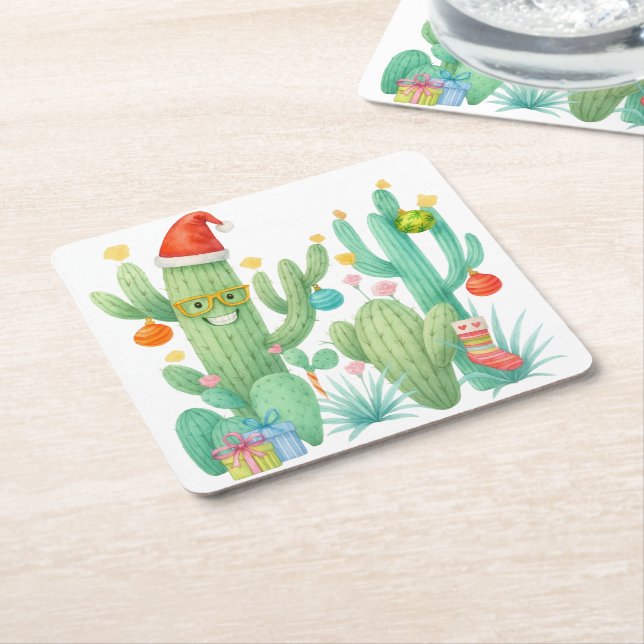 Posavasos Cuadrado De Papel Navidades festivos Cactus con Santa Hat y Ornament (En perspectiva)