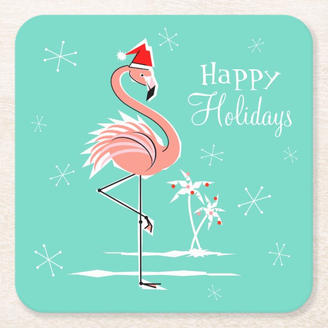 Posavasos Cuadrado De Papel Navidades Flamingo Happy Holidays coaster square (Anverso)