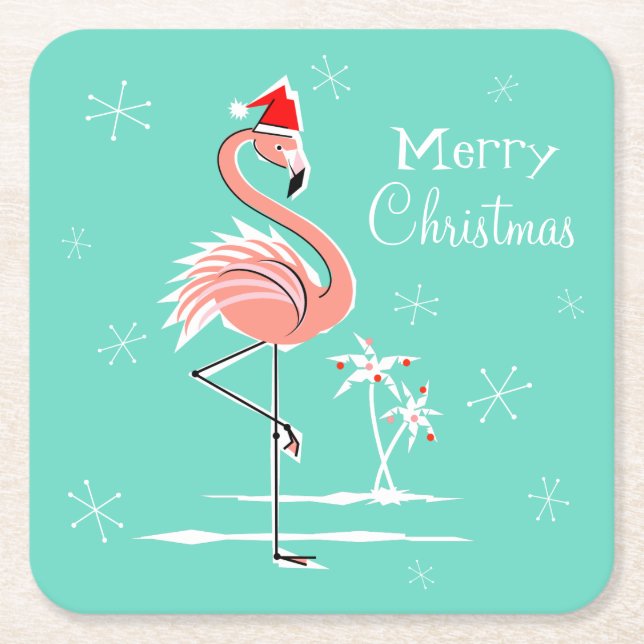 Posavasos Cuadrado De Papel Navidades Flamingo Merry Christmas Coaster square (Anverso)