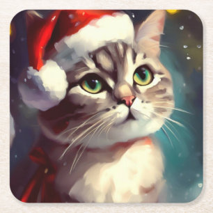 Posavasos Cuadrado De Papel Navidades Gato 2