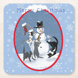 Posavasos Cuadrado De Papel Navidades, gato gracioso y muñeco de nieve #3