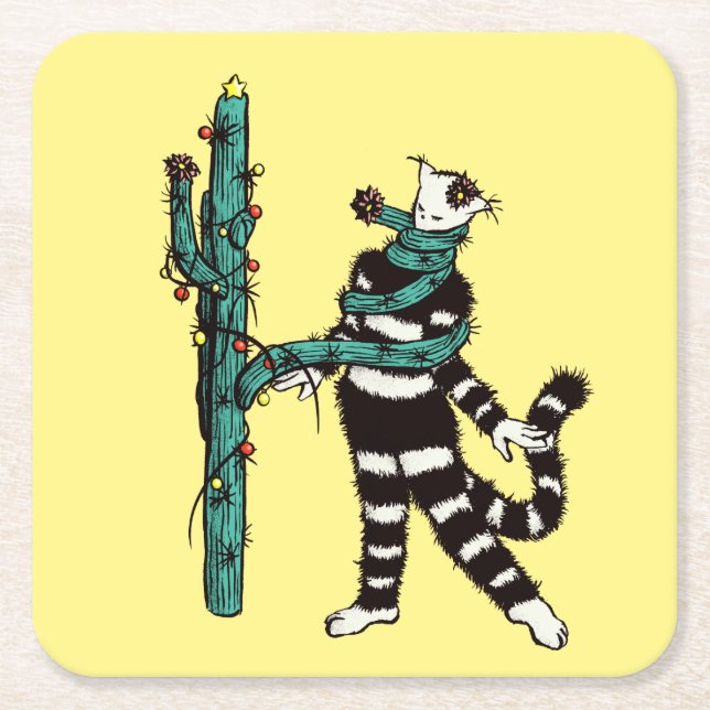 Posavasos Cuadrado De Papel Navidades Gato Y Cactus Xmas Extraños (Anverso)
