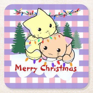 Posavasos Cuadrado De Papel Navidades gatos en la nieve, nombre personalizado