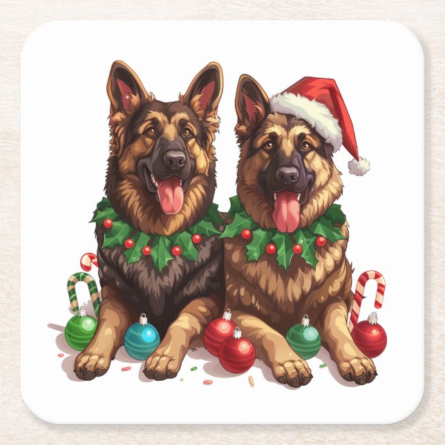 Posavasos Cuadrado De Papel Navidades German Shepherd Dogs (Anverso)