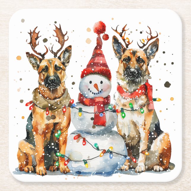 Posavasos Cuadrado De Papel Navidades German Shepherd Dogs (Anverso)