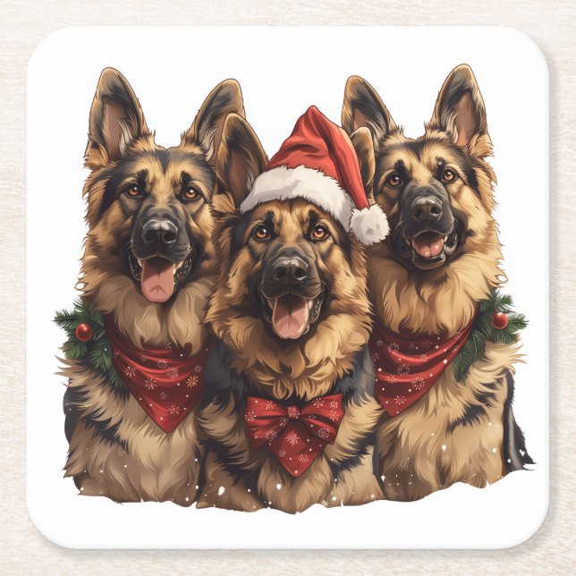 Posavasos Cuadrado De Papel Navidades German Shepherd Dogs (Anverso)
