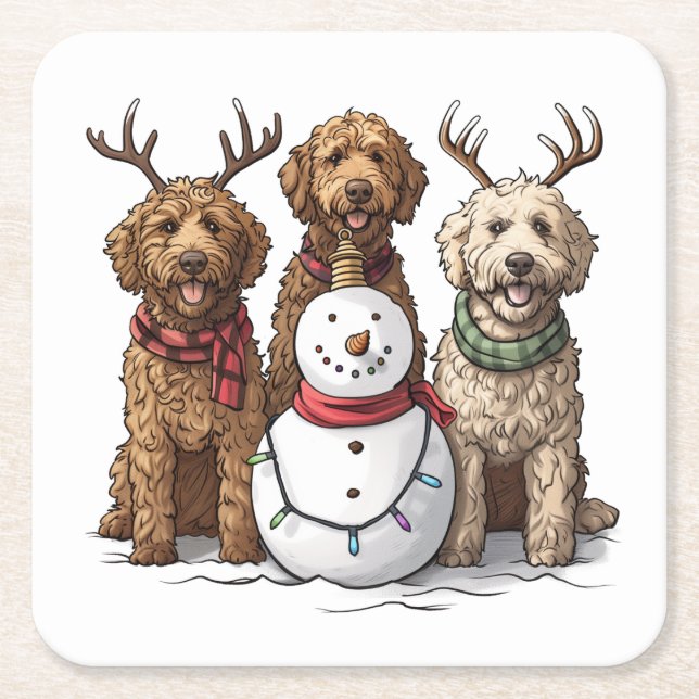 Posavasos Cuadrado De Papel Navidades Goldendoodle Dogs (Anverso)